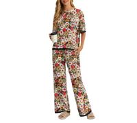 PrinStory Pyjama Damen Kurzarm Rundhals Schlafanzug Sommer Farbblock Nachtwäsche Mit Seitenschlitz Oberteil Und Hose (FP-Schwarz Gänseblümchen, 2XL)