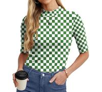 PrinStory Rollkragenshirt Damen Elegant Halbarm Shirt Baumwolle Stehkragen T-Shirt Damen Basic Kurzarm Unterziehrolli Oberteile (Kariert Weiß Grün, XL)