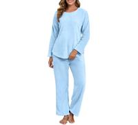 PrinStory Schlafanzug Damen Lange Flanell Pyjama Rundhals Fleece Pyjama | Langarm Frottee Schlafanzug Loungewear