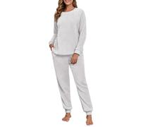 PrinStory Schlafanzug Damen Lange Flanell Pyjama Rundhals Fleece Pyjama | Langarm Frottee Schlafanzug Loungewear