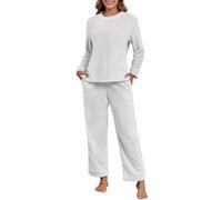 PrinStory Schlafanzug Damen Lange Flanell Pyjama Rundhals Fleece Pyjama | Langarm Frottee Schlafanzug Loungewear