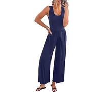 PrinStory Sommer Jumpsuit Für Damen Lässig Ärmellos Weites Bein Solide Playsuits Baggy Lose Tank Overall Mit Taschen (Blau, XXL)