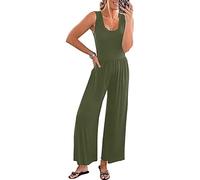 PrinStory Sommer Jumpsuit Für Damen Lässig Ärmellos Weites Bein Solide Playsuits Baggy Lose Tank Overall Mit Taschen (Armeegrün, M)