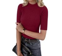 PrinStory T-Shirts Damen Rundhals Halbarm Shirt Basic Enge Tshirts Rollkragen Oberteile Sommer Kurzarmpullover