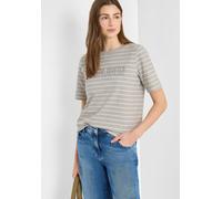 Print-Shirt CECIL, Damen, Gr. L (42), beige (milky grau melange), Web, 95% Baumwolle, 5% Elasthan, gestreift, comfort fit normal, U-Boot-Ausschnitt, abgesteppt, Shirts, mit U-Boot-Ausschnitt (21793569