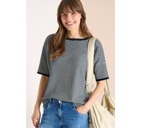 Print-Shirt CECIL, Damen, Gr. XL (44), schwarz-weiß (universal blau), Web, 42% Baumwolle, 42% Polyester, 14% Viskose, 2% Elasthan, gestreift, comfort fit normal, U-Boot-Ausschnitt, Bündchen, Shirts, m