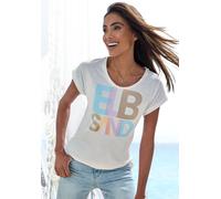 Print-Shirt ELBSAND, Damen, Gr. S (36), weiß (weiß bedruckt), Jersey, Obermaterial: 50% Baumwolle, 50% Polyester, unifarben mit Farbeinsätzen, figurumspielend hüftlang, Rundhals, angeschnitten Aufschl