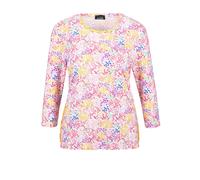 Print-Shirt GOLDNER "Elastisches Viskoseshirt mit mehrfarbigem Alloverdruck und Rundhalsausschnitt", Damen, Gr. 46, gelb (gelb, gemustert), Obermaterial: 95% Viskose CV. 5% Elasthan EL., Shirts (44992