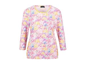 Print-Shirt GOLDNER "Elastisches Viskoseshirt mit mehrfarbigem Alloverdruck und Rundhalsausschnitt", Damen, Gr. 38, gelb (gelb, gemustert), Obermaterial: 95% Viskose CV. 5% Elasthan EL., gerade, Rundh