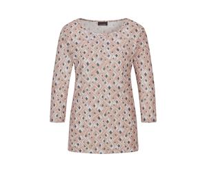 Print-Shirt GOLDNER "Halbarm Viskoseshirt im Allover-Design", Damen, Gr. 42, beige (beige, gemustert), Obermaterial: 80% Polyester PES. 15% Viskose CV. 5% Elasthan EL., U-Boot-Ausschnitt, Shirts, U-Bo