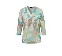 Print-Shirt GOLDNER "Kurzgröße Modernes Blusenshirt mit Allover-Print", Damen, Gr. 21, grün (graugrün, gemustert), Obermaterial: 50% Baumwolle CO. 47% Polyester PES. 3% Elasthan EL., V-Ausschnitt, Son