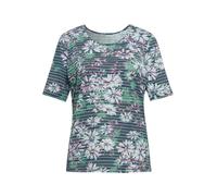Print-Shirt GOLDNER "Kurzgröße Streifenshirt mit Blumenmotiv", Damen, Gr. 25, blau (dunkelmarine, mint, gemustert), Obermaterial: 50% Viskose CV. 45% Polyester PES. 5% Elasthan EL., Tubular, Shirts, V