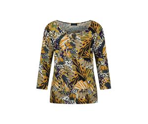 Print-Shirt GOLDNER "Kurzgröße Viskosebluse mit Allover-Leo-Druck", Damen, Gr. 21, gelb (honig, gemustert), Obermaterial: 95% Viskose CV. 5% Elasthan EL., Modisch, Shirts, raffinierte Ausschnittlösung
