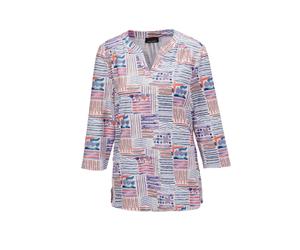 Print-Shirt GOLDNER "Tunika-Druckshirt mit Stehkragen", Damen, Gr. 40, blau (blau, lila, lachsrosa, gemustert), Obermaterial: 95% Viskose CV. 5% Elasthan EL., normal, Sonstiges, Shirts, Ohne (84571817