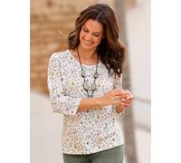 Print-Shirt INSPIRATIONEN "3/4-Arm-Shirt", Damen, Gr. 38, grün (ecru, oliv, bedruckt), 50% Baumwolle, 50% Modal, bedruckt, geblümt, gemustert, mehrfarbig, Rundhals, Shirts (46473917-38) ecru, oliv, be