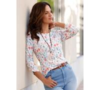 Print-Shirt INSPIRATIONEN "Print-Shirt", Damen, Gr. 40, rosa (ecru, flamingo, bedruckt), 95% Viskose, 5% Elasthan, bedruckt, geblümt, gemustert, mehrfarbig, Rundhals, Shirts (60016147-40) ecru, flamin