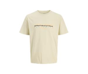 Print-Shirt JACK & JONES "JORCANGGU TEE SS CREW NECK FST", Herren, Gr. S, grün (celadon tint), Jersey, Obermaterial: 100% Baumwolle, bedruckt, regular fit taillenbedeckt, Rundhals, gerader Abschluss,