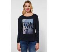 Print-Shirt STREET ONE, Damen, Gr. 34, blau (schwarz vintage blau), Stoff, Obermaterial: 62% Polyester, 33% Viskose, 5% Elasthan; Einsatz: 100% Viskose, bedruckt, regular fit normal, Rundhals, normale