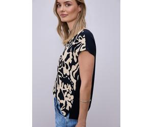 Print-Shirt STREET ONE, Damen, Gr. 40, shadowed navy, Stoff, 95% Viskose, 5% Elasthan, unifarben, comfort fit normal, V-Ausschnitt, abgesteppt, Shirts, mit Frontprint (20671061-40) shadowed navy