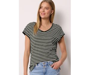 Print-Shirt STREET ONE STUDIO, Damen, Gr. 42, schwarz, Web;Stoff;Jersey, 50% Modal, 50% Baumwolle, gestreift, regular fit normal, V-Ausschnitt, abgesteppt, Shirts, im soften Baumwoll-Mix (73229323-42)