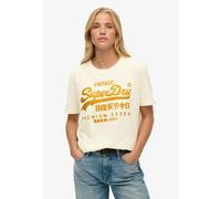 Print-Shirt SUPERDRY "EMBELLISHED VL RELAXED TEE", Damen, Gr. M, beige (desert bone sanftes weiß), Single Jersey, Obermaterial: 100% Baumwolle, bedruckt, relaxed fit normal, Rundhals, Shirts (81114736