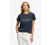 Print-Shirt SUPERDRY "LUXE CASUAL CLASSIC TEE", Damen, Gr. L, blau (eclipse navy), Single Jersey, Obermaterial: 100% Baumwolle, bedruckt, slim fit normal, Rundhals, Shirts, Baumwolle, slim fit (814615
