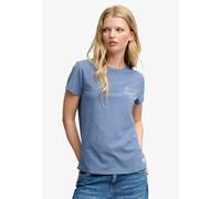 Print-Shirt SUPERDRY "LUXE CASUAL CLASSIC TEE", Damen, Gr. S, blau (vintage indigo), Single Jersey, Obermaterial: 100% Baumwolle, bedruckt, slim fit normal, Rundhals, Shirts, Baumwolle, slim fit (1558
