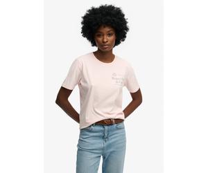 Print-Shirt SUPERDRY "LUXE CASUAL RLXD TEE", Damen, Gr. M, rosa (chalk pink), Single Jersey, Obermaterial: 100% Baumwolle, bedruckt, relaxed fit normal, Rundhals, Shirts, aus Baumwolle und Single Jers