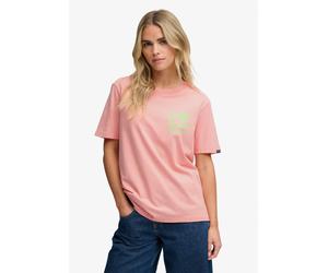 Print-Shirt SUPERDRY "ROADSIDE TRADE RELAXED TEE", Damen, Gr. S, peach amber pink, Single Jersey, Obermaterial: 100% Baumwolle, bedruckt, relaxed fit normal, Rundhals, Shirts, aus Baumwolle in Single