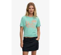 Print-Shirt SUPERDRY "ROADSIDE TRADE RELAXED TEE", Damen, Gr. S, rich turquoise, Single Jersey, Obermaterial: 100% Baumwolle, bedruckt, relaxed fit normal, Rundhals, Shirts (61054032-S) rich turquoise