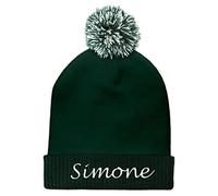 printplanet Pudelmütze mit Namen Simone Bestickt - Farbe Grün - personalisierte Mütze, Strickmütze, Namensstickerei, Bommelmütze