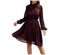 Prinzessin Kleid Damen Vintage Kleid Festliches Kleid Chiffon Einfarbig Knielang Kleid mit Gürtel Hohe Taille Tunika Abendkleid Swing A-Linie Kleid (Wein,M)