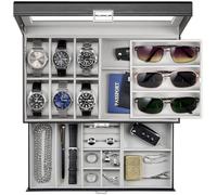 ProCase 6 Slot Uhrenbox & 3 Slot Brillenbox, 2 Ebenen Uhrenkoffer Herren Schmuckkästchen, Uhrenkasten für Sonnenbrillen Schmuck Ringe Armbänder Halsketten -Schwarz