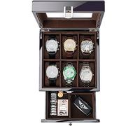 ProCase Holz-Uhrenbox für Herren, 6 Fächer, Herren-Uhren-Organizer mit Glasplatte, 2-stöckiges lackiertes Vitrine für Armbanduhr-Aufbewahrung - Schwarz