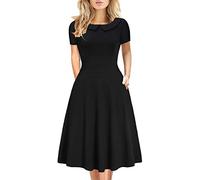 Professional Retro Dresses for Women Vintage 50S 60S Casual Party Peter Pan Collar Wear to Work A-Line Swing Dress with Pockets 978 (Solid Black, XL)