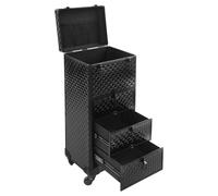 Professioneller Rollbarer Schminkkoffer Groß mit 3 Schubladen, Kosmetik Trolley für Visagisten, Tragkraft 2,5kg pro Schublade, Zahlenschloss und klappbarer Stütze, Wasserwürfel Design Schwarz