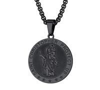 PROSTEEL Heiliger Christopherus Anhänger mit Kette schwarz Runde Medaille Saint Christopher Protect Us Halskette Schutzpatron Amulett Modeschmuck für Geburtstag Weihnachten