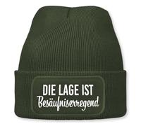 Prozente Momente Die Lage ist besäufniserregend - Beanie | Strickmütze | Wollmütze | Beanie mit Druck | lustige Sprüche | Apres-Ski | Winter (DE/NL/SE/PL, Alphanumerisch, Einheitsgröße, Olive)
