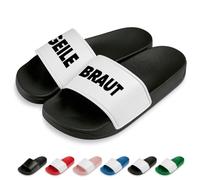 Prozente Momente Geile Braut Badelatschen | Slipper | Schlappen | Hausschuhe | Pantoletten | Unisex | Malle | JGA Hochzeit | rutschfest | Schwarz/Weiß | Größe 39