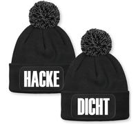 Prozente Momente Hacke/Dicht - 2er Set Beanie mit Bommel | Strickmütze | Wollmütze | Beanie mit Druck | lustige Sprüche | Apres-Ski | Winter | Schwarz