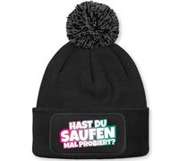 Prozente Momente Hast du Saufen mal probiert? - Beanie mit Bommel | Strickmütze | Wollmütze | Beanie mit Druck | lustige Sprüche | Apres-Ski | Winter | Schwarz