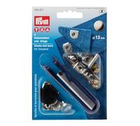 Prym 265811 Hosenhaken Set 13 mm - nähfrei, silber/brüniert - 4 Stück mit Werkzeug - zum Einschlagen - für Hosen & Röcke - passend für VARIO-Zange + Vario Creative Tool