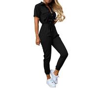 Pu Jumpsuit Damen - Frauen Kurzarm Overalls Mit Tasche Overall Casual Solide & Drucken Mit Gürtel Sommer Hosen Schlank Strampler Mit Botton Damen Hosenanzug Blau