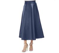 Pu Lederrock Lang Faltenrock Damen A-Linie Lederoptik Damen Blau Kunstleder Rock Damen Herbst Stylisch Lederimitat Swing Rock Hohe Taille Lederrock Rock Lang Winterrock Warm Leder Rock Für Damen