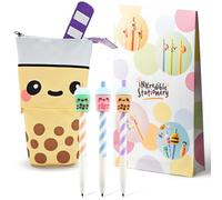 Puckator Foodiemals Boba Bubble Tea Federmäppchen & Druckbleistift Set | Schreibtisch Organizer Set mit Charakteren | 3 Stück Bleistift Designs + Leinwand Federmäppchen
