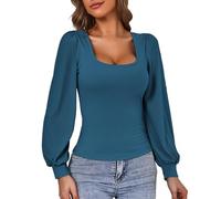 Puffärmel-Blusen für Damen, langärmelig, zum Ausgehen, lässiges Oberteil für Damen, britisches Party-Top, U-Ausschnitt, schmale Passform, Abend-Tops, modische Kleidung, Langarmshirt, Y2K, einfarbig,