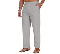 Puimentiua Herren Leinenhose Freizeithose Lang Anzughose leichte Sommerhose mit elastischem Bund und Kordelzug Reißverschluss atmungsaktiv für Urlaub Strand Alltag