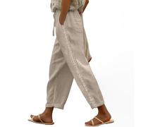 Puimentiua Sommerhose Damen Leicht,Dünne Leinenhose Sommer,Lockere Luftig Sommerhosen,Elegante Spitze 7/8 Hose Damen,High Waist Linen Pants Mit Tunnelzug Und Taschen (Khaki,M)