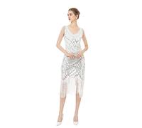 Pulcykp Damen 1920er Jahre Glänzende Pailletten Vintage Flapper Fransen Perlen Cocktail Party Kleid, weiß, Small