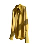 Pulcykp Damen-Hemd, Satin, großer Kragen, weißes Design, Sinnes-Nische, langärmeliges Hemd, Top, Bluse, gelb, Small